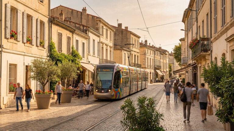 Un tramway multicolore roule sur des pavés dans une rue historique de Montpellier, bordée de bâtiments clairs et de terrasses. Des passants animent la scène.