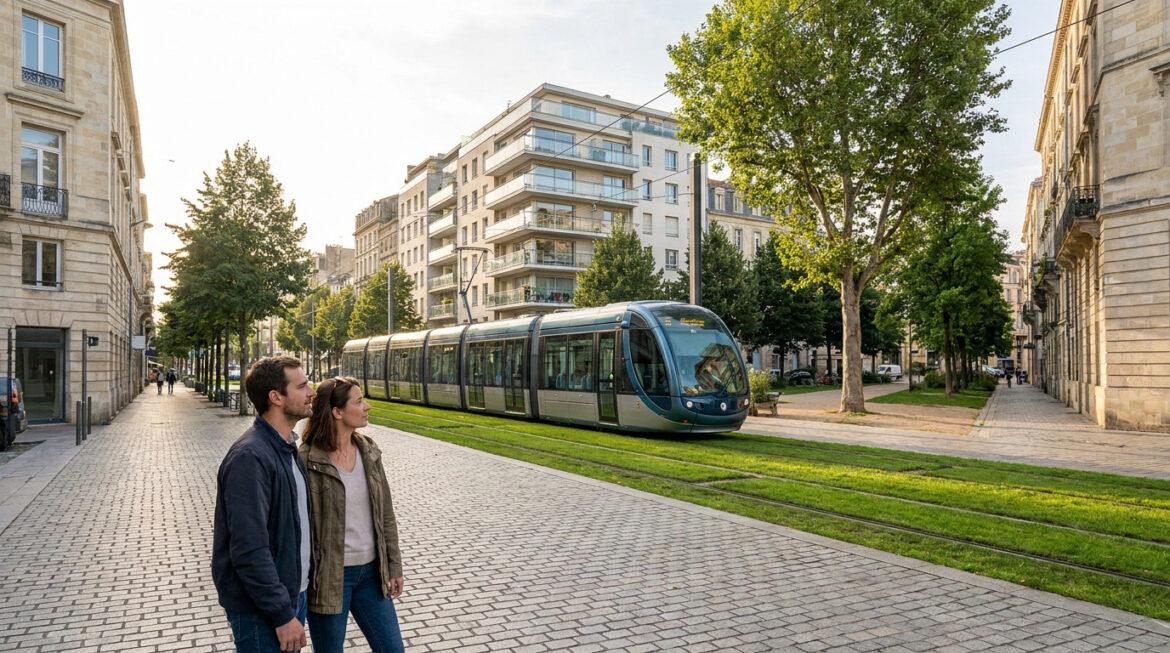 Où vivre à Joué-lès-Tours : quel quartier choisir en 2026 ? Un couple sur un trottoir pavé, un tram moderne sur rails végétalisés et des bâtiments urbains sous un ciel clair.