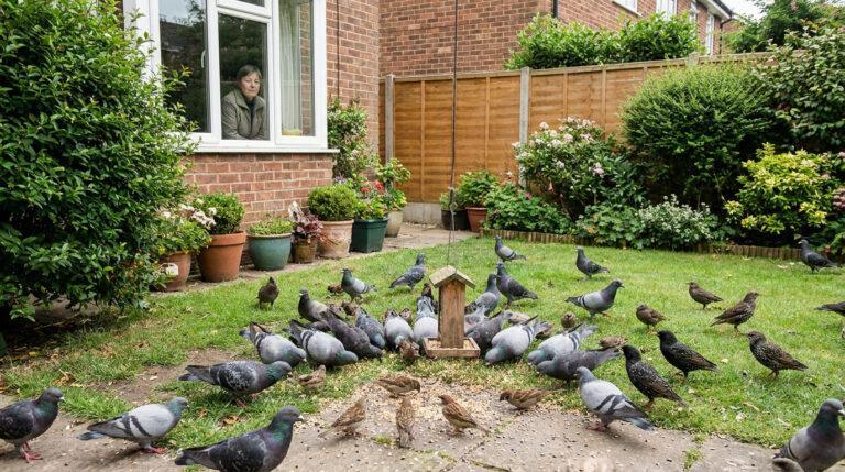 Une femme observe par sa fenêtre de nombreux pigeons et étourneaux mangeant des graines dans son jardin.