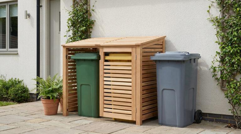 Abri-poubelles en bois élégant protégeant des bacs de tri contre un mur de maison avec des plantes grimpantes.