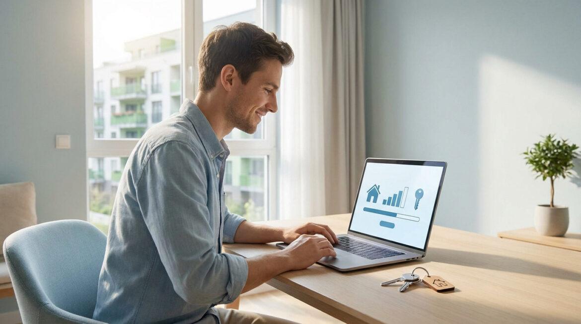 Un jeune homme souriant utilise un ordinateur portable pour une demande de logement social.