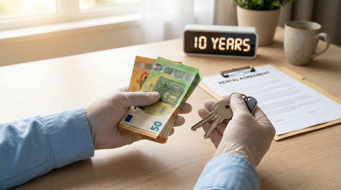Restitution de caution après 10 ans : nos conseils clés Mains avec des gants tenant des billets en euros et des clés devant un contrat de location et une horloge indiquant 10 ans.