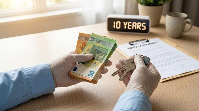 Restitution de caution après 10 ans : nos conseils clés Mains avec des gants tenant des billets en euros et des clés devant un contrat de location et une horloge indiquant 10 ans.