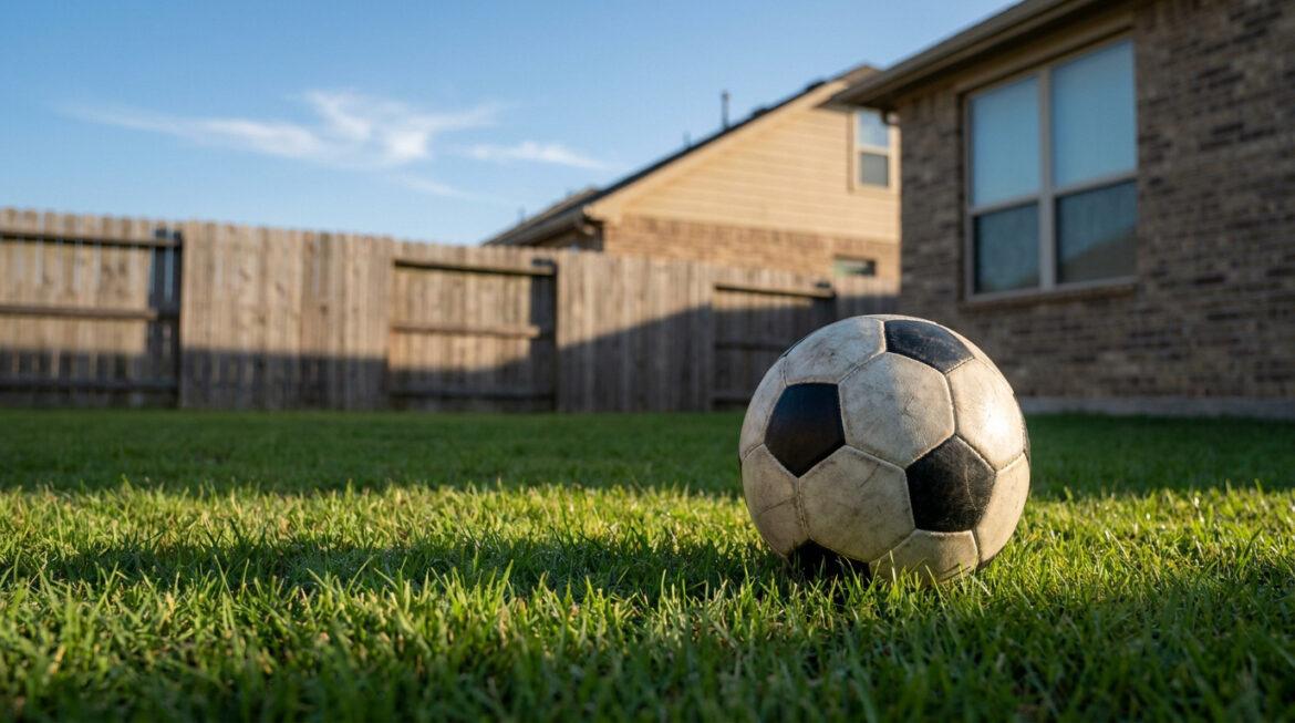 Comment gérer une nuisance sonore de ballon entre voisins ? Un ballon de football classique posé sur l'herbe d'un jardin résidentiel avec une clôture et une maison en arrière-plan.