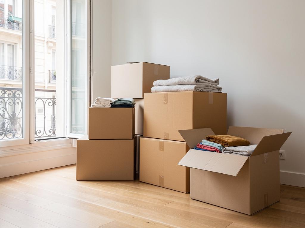 Cartons de déménagement prêts dans un appartement parisien