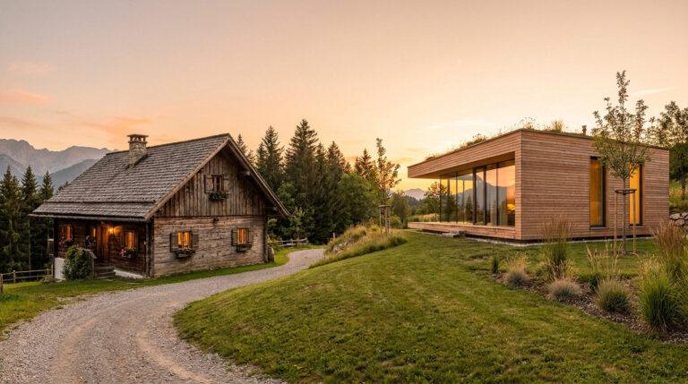 Chalet ou maison : quelles différences pour bâtir en 2026 ? Un chalet rustique en bois et une maison contemporaine minimaliste côte à côte dans un paysage de montagne au coucher.