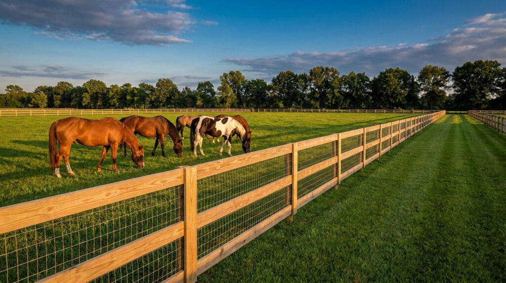 Chevaux broutant paisiblement dans un vaste pré entouré d'une clôture en bois et grillage sous un ciel ensoleillé.