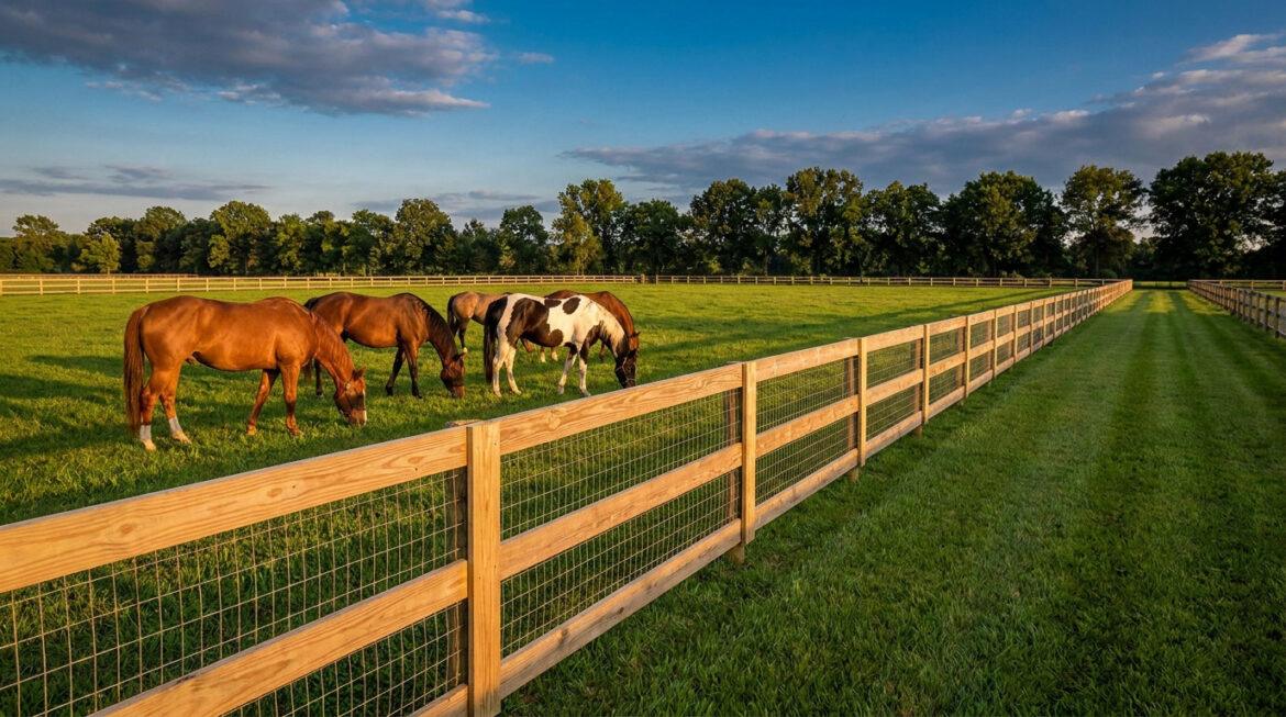 Distance clôture chevaux : les règles de voisinage en 2026 Chevaux broutant paisiblement dans un vaste pré entouré d'une clôture en bois et grillage sous un ciel ensoleillé.