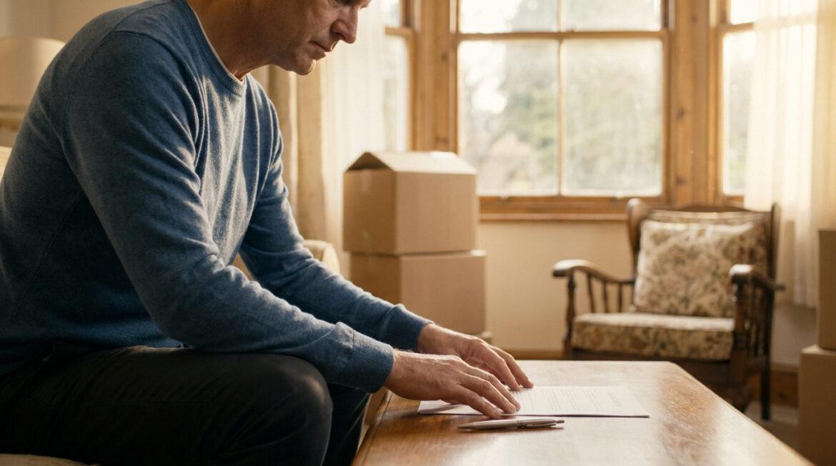 Vider la maison de ses parents : vos droits et recours Un homme d'âge mûr examine des documents administratifs dans un salon rempli de cartons de déménagement.