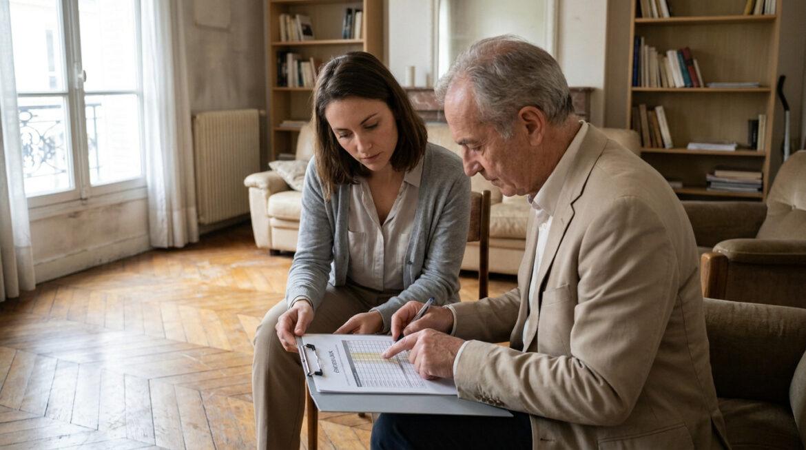 Réussir votre etat lieux hlm : protégez votre caution Une femme et un agent immobilier examinent ensemble un document d'état des lieux dans un salon.