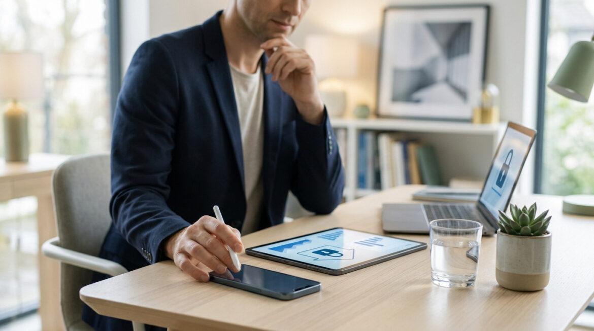 Un professionnel en costume travaillant sur une tablette avec un stylet dans un bureau moderne et sécurisé.