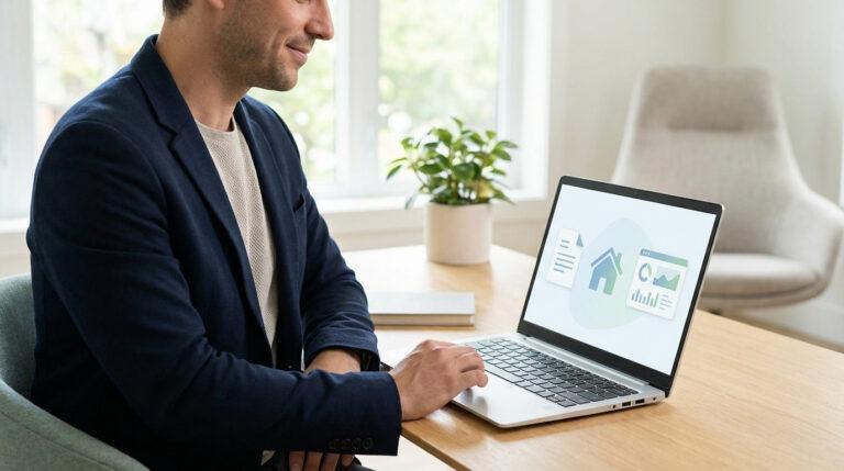 Un homme en veste travaillant sur un ordinateur portable affichant des icônes liées à la gestion immobilière.