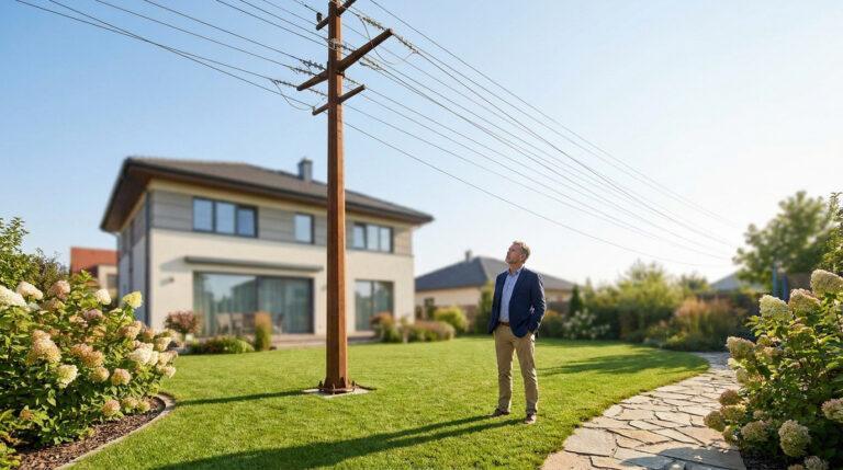 Un homme regarde un poteau électrique imposant situé au milieu de son jardin pavillonnaire ensoleillé.