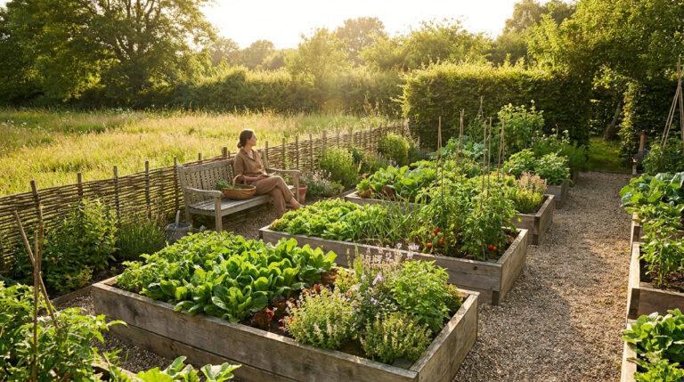 Une femme assise sur un banc en bois dans un potager surélevé bien entretenu, entouré de verdure et de lumière dorée.