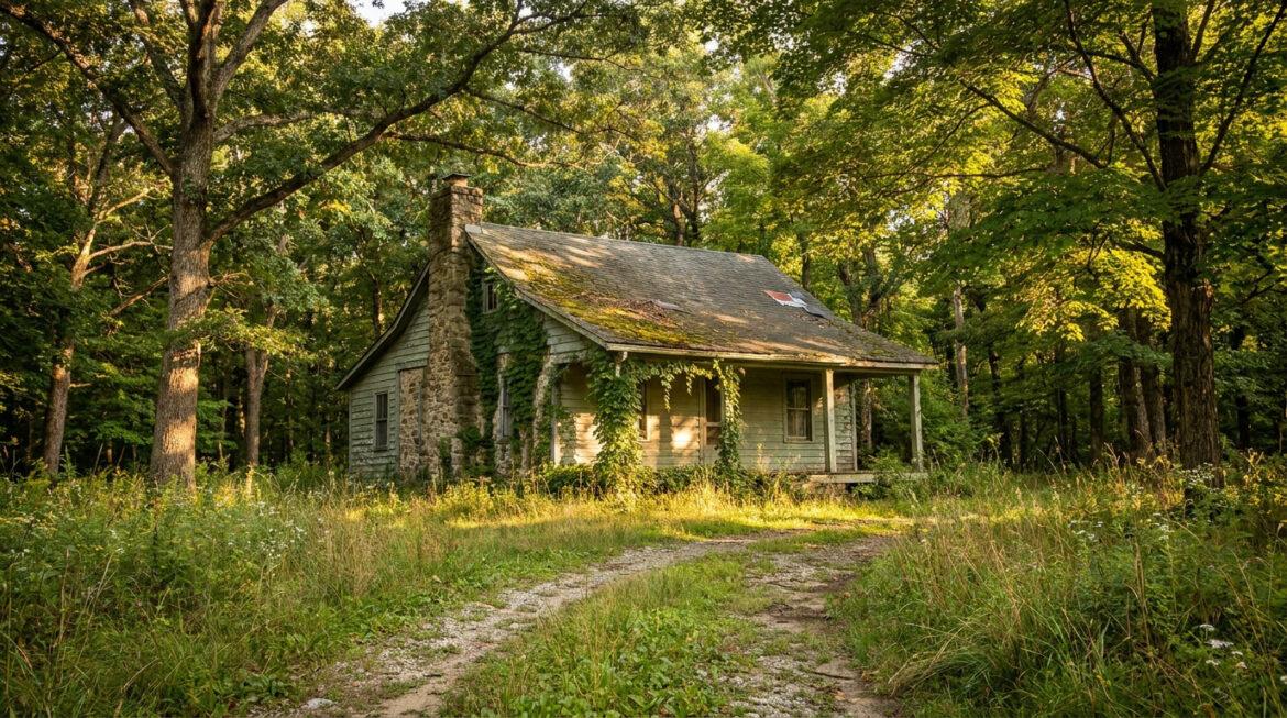 Une vieille maison abandonnée entourée par la nature sauvage avec une cheminée en pierre et un toit recouvert de mousse.