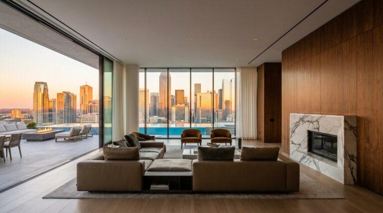Salon de penthouse moderne avec vue sur la ville au coucher du soleil et accès à une terrasse avec piscine.