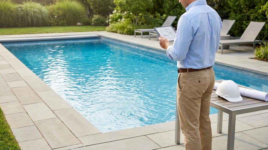 Un expert en construction consulte des plans numériques près d'une piscine résidentielle.