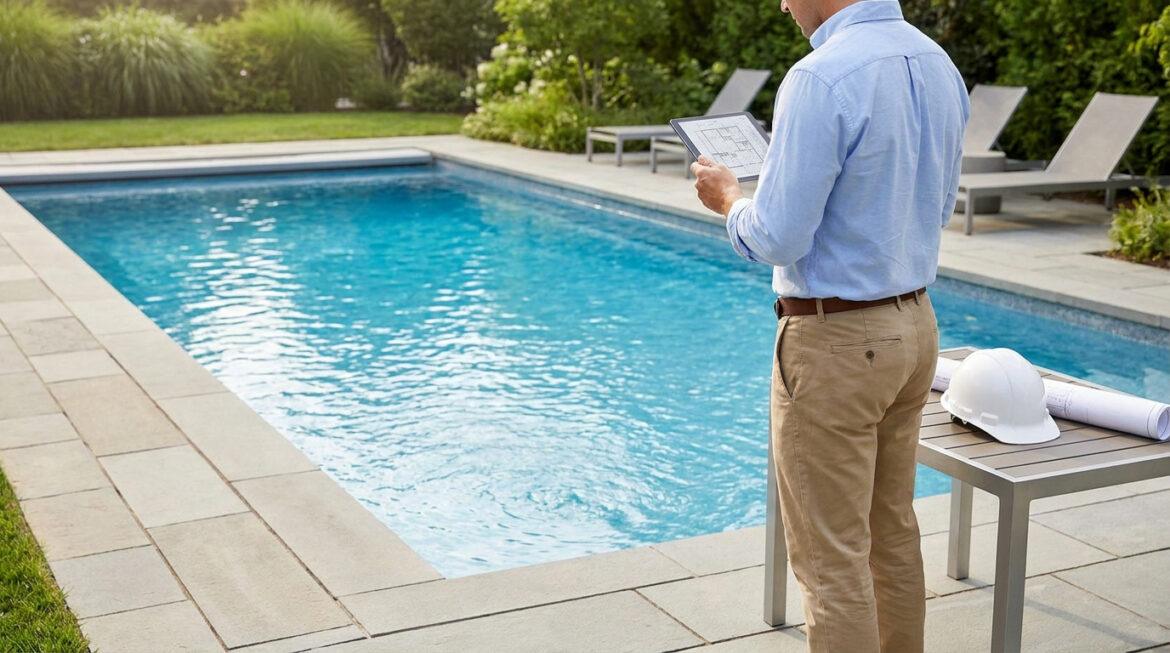 Un expert en construction consulte des plans numériques près d'une piscine résidentielle.
