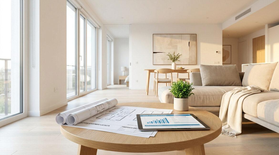 Réunion d’appartements et taxe : optimisez votre fiscalité Plans d'architecture et tablette avec graphiques sur une table basse dans un salon moderne lumineux.