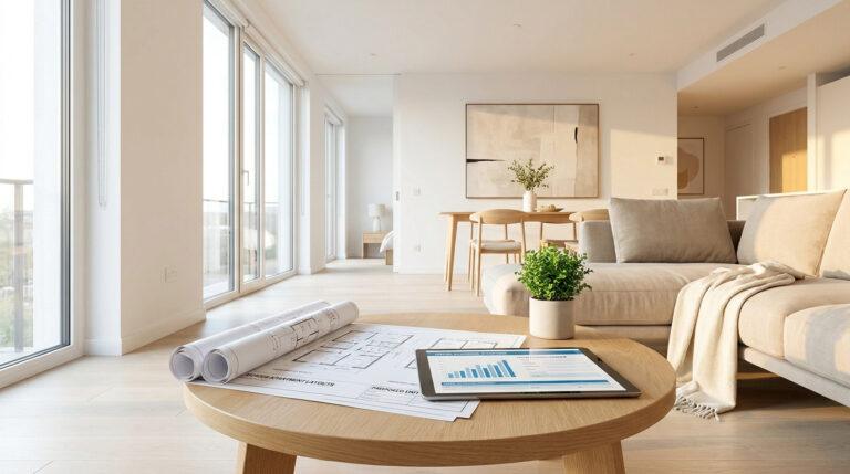Plans d'architecture et tablette avec graphiques sur une table basse dans un salon moderne lumineux.