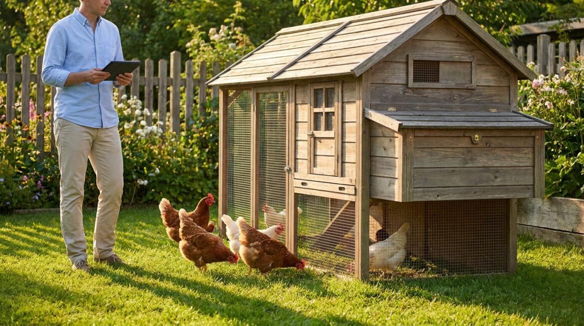 Taxe poulailler : les règles et seuils fiscaux pour 2026 Un homme consulte une tablette numérique devant un poulailler en bois entouré de poules dans un jardin ensoleillé.