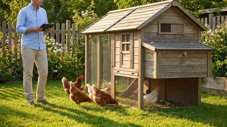 Un homme consulte une tablette numérique devant un poulailler en bois entouré de poules dans un jardin ensoleillé.