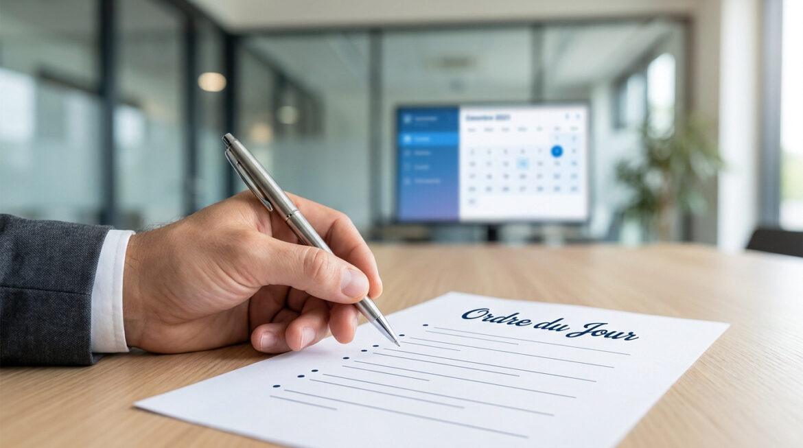 Une main tenant un stylo sur une feuille intitulée Ordre du Jour, avec un calendrier flou en arrière-plan.