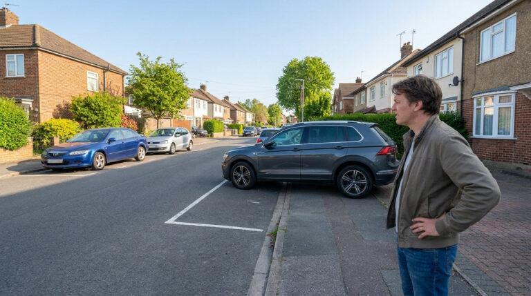 Un homme regarde avec frustration un SUV garé illégalement devant chez lui dans une rue résidentielle ensoleillée.