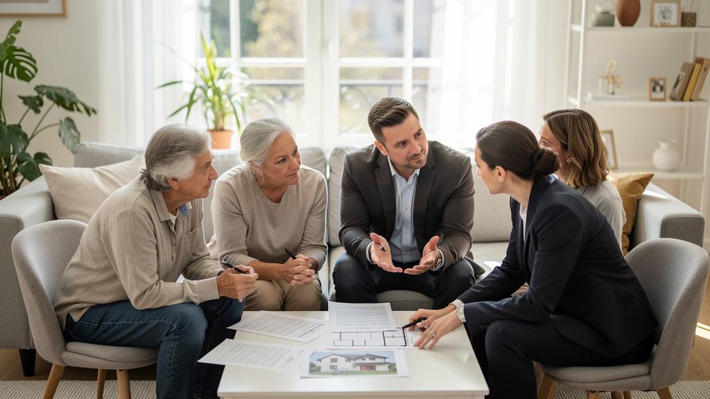 Famille réunie pour discuter d'une donation et d'une succession immobilière