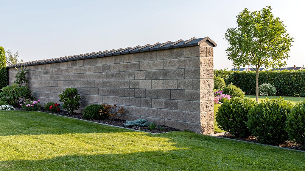 Mur de clôture entre deux jardins avec chaperon incliné