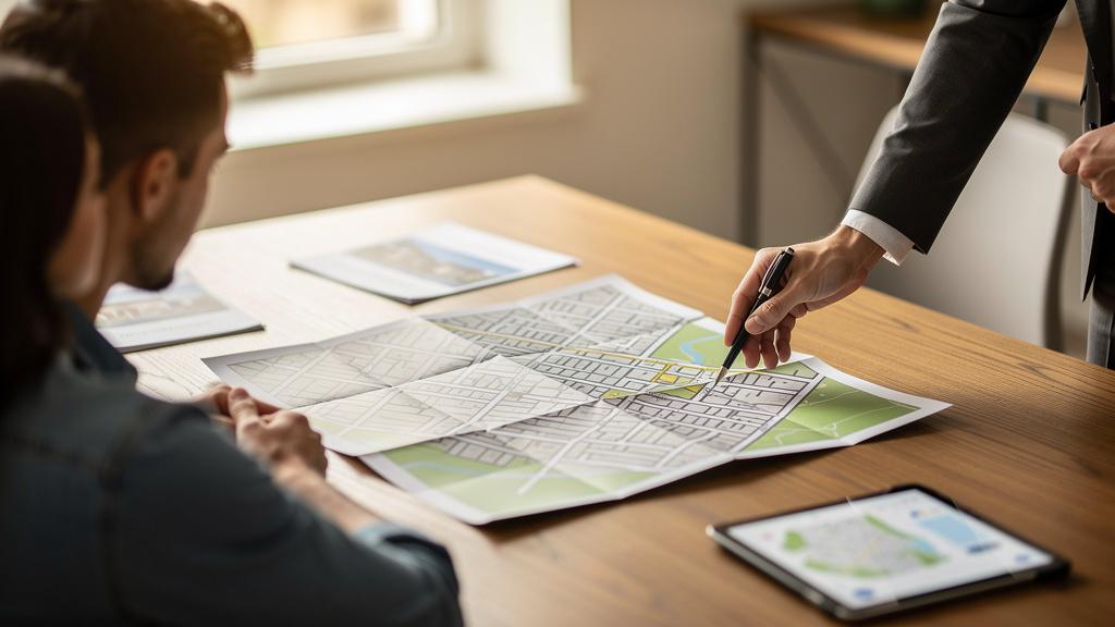 Couple étudiant un plan de quartier avec un agent immobilier