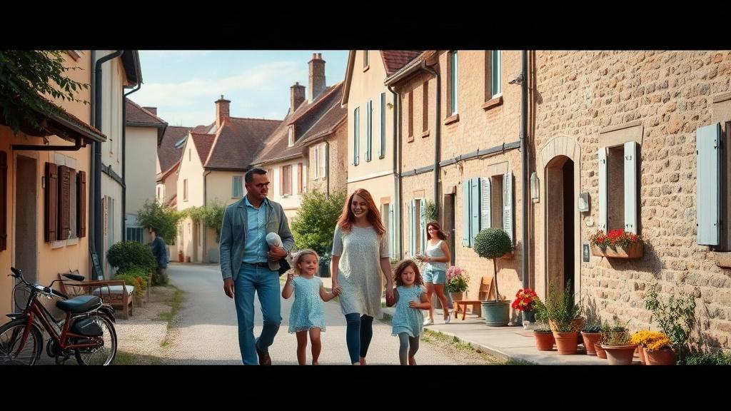 Famille se promenant dans un village paisible de la campagne française