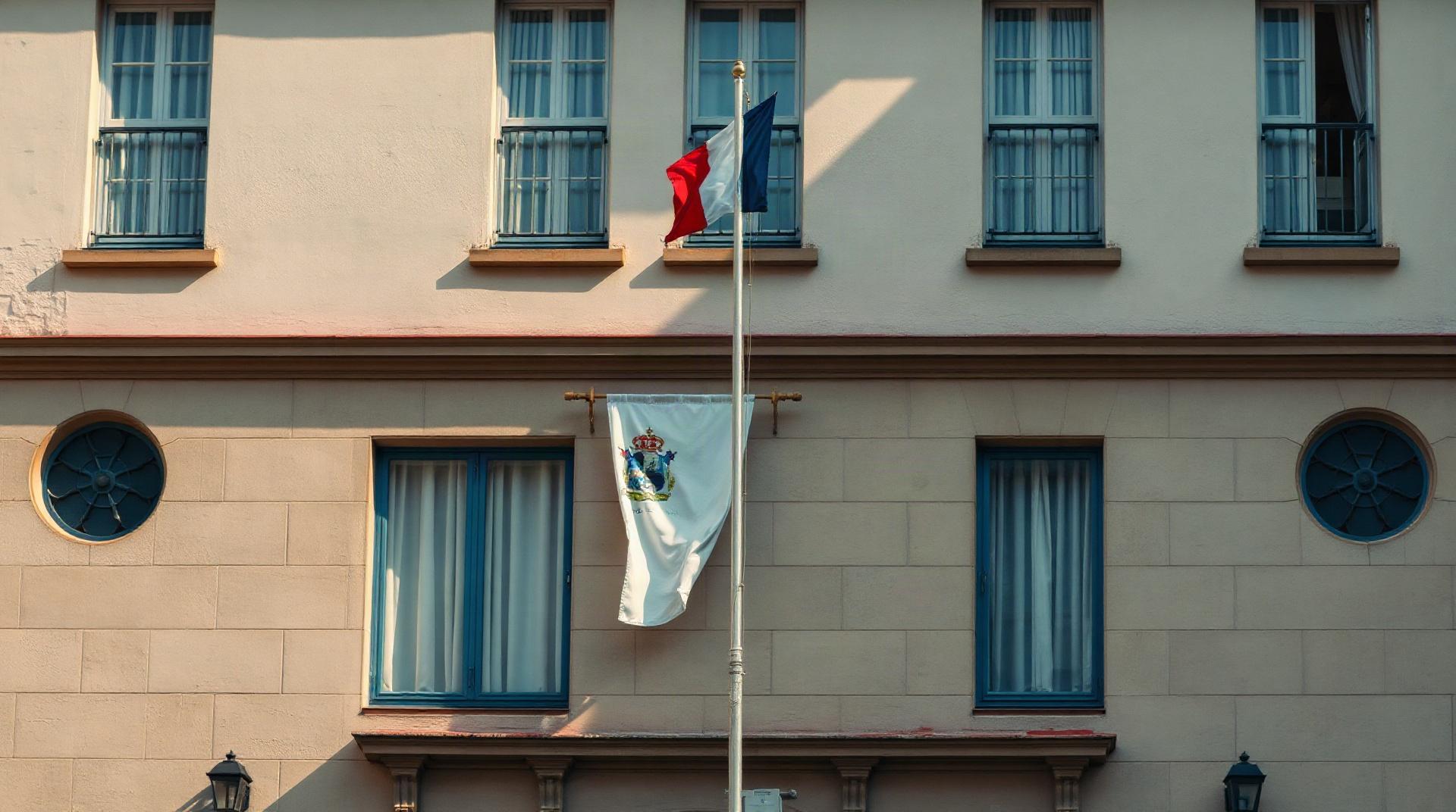 Façade d'une mairie française avec panneau officiel et drapeau tricolore