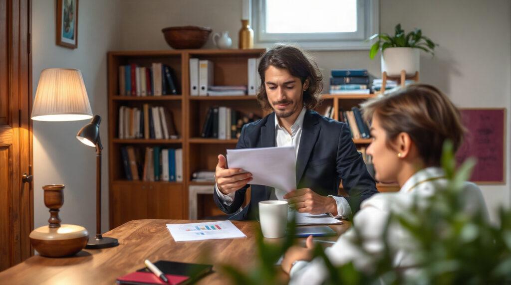 Notaire remettant des documents à un client dans son étude